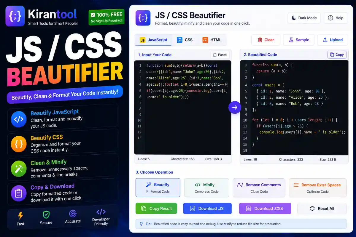 JS/CSS Beautifier - Format & Minify Code Online Free | Kirantool